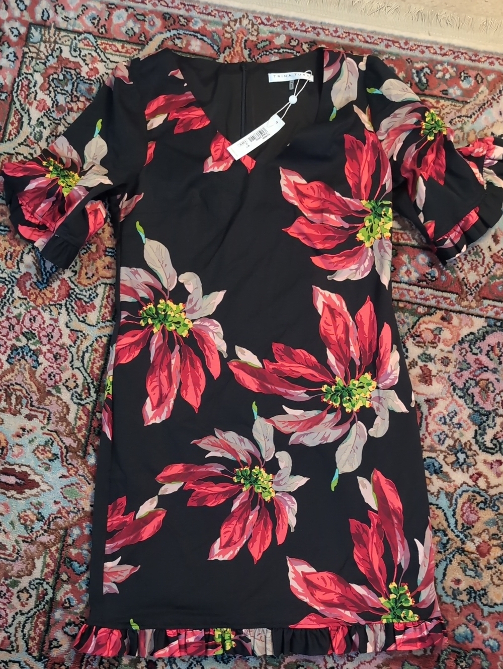 Trina Turk Black Floral Shift Dress with Red Poinsettia Print